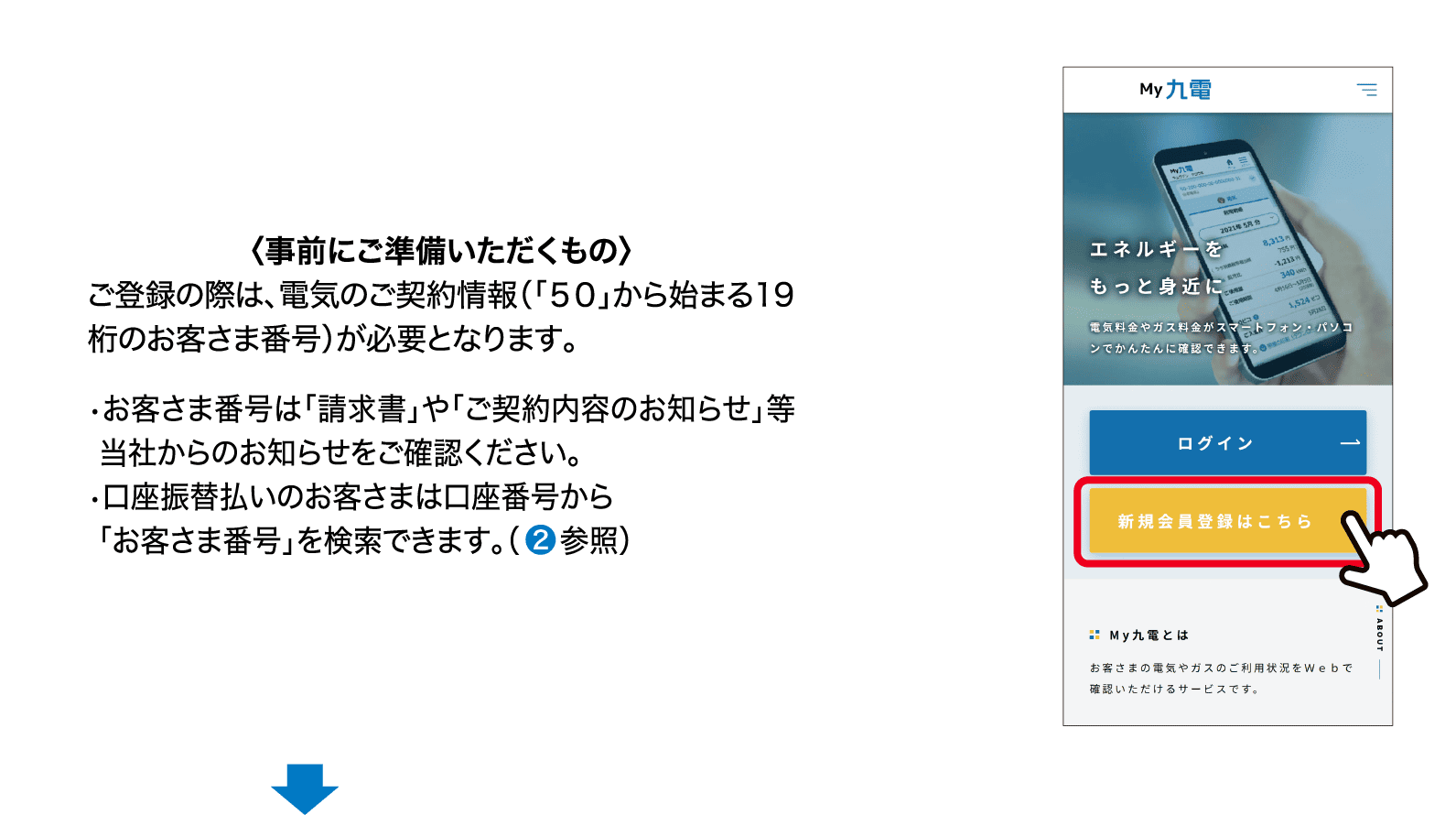 〈事前にご準備いただくもの〉｜ご登録の際は、電気のご契約情報（「50」から始まる19桁のお客さま番号）が必要となります。｜•お客さま番号は「請求書」や「ご契約内容のお知らせ」等当社からのお知らせをご確認ください。|•口座振替払いのお客さまは口座番号から「お客さま番号」を検索できます。（❷参照）
