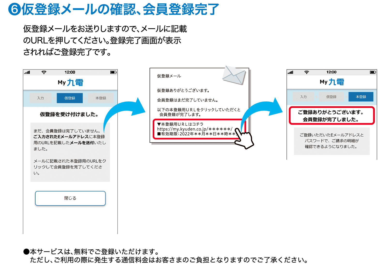 ❻仮登録メールの確認、会員登録完了｜仮登録メールをお送りしますので、メールに記載のURLを押してください。登録完了画面が表示されればご登録完了です。｜●本サービスは、無料でご登録いただけます。ただし、ご利用の際に発生する通信料金はお客さまのご負担となりますのでご了承ください。