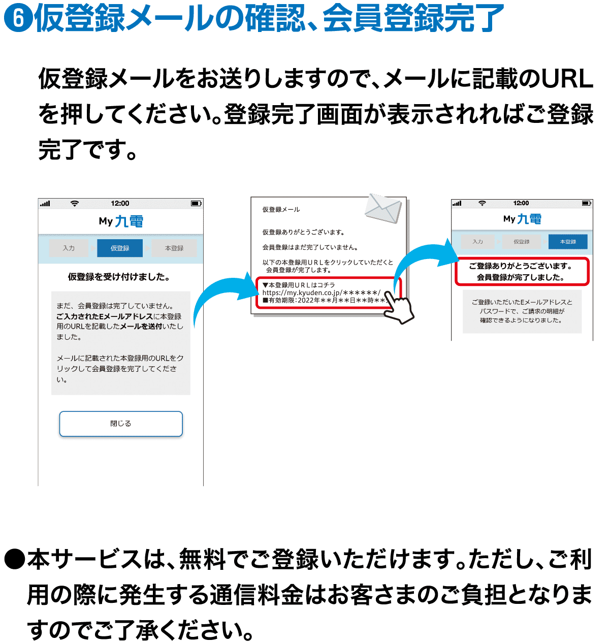 ❻仮登録メールの確認、会員登録完了｜仮登録メールをお送りしますので、メールに記載のURLを押してください。登録完了画面が表示されればご登録完了です。｜●本サービスは、無料でご登録いただけます。ただし、ご利用の際に発生する通信料金はお客さまのご負担となりますのでご了承ください。