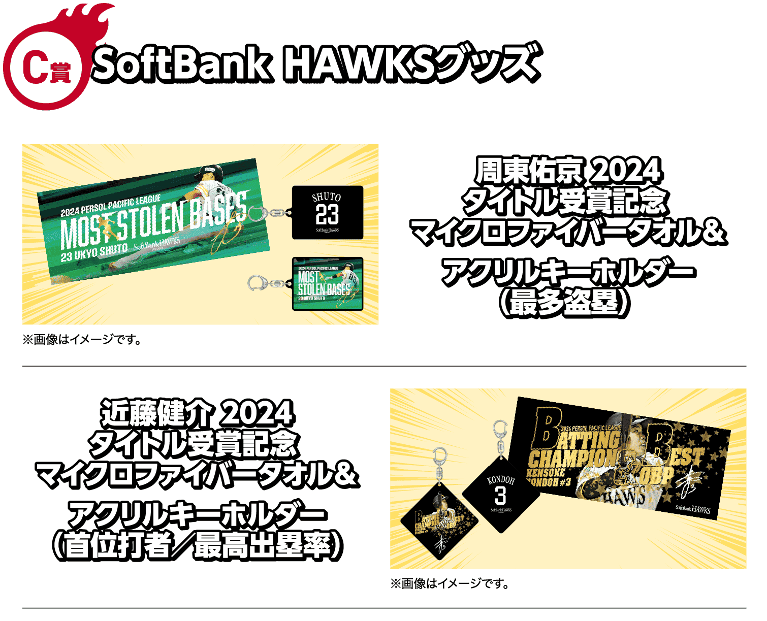 C賞｜SoftBank HAWKSグッズ｜周東佑京 2024タイトル受賞記念 マイクロファイバータオル＆アクリルキーホルダー（最多盗塁）｜※画像はイメージです。｜近藤健介 2024タイトル受賞記念 マイクロファイバータオル＆アクリルキーホルダー（首位打者／最高出塁率）｜※画像はイメージです。