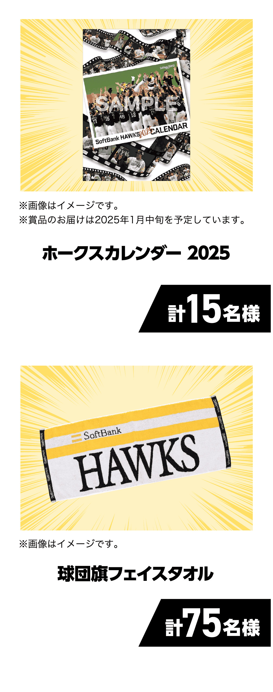 ホークスカレンダー2025｜※画像はイメージです。※賞品のお届けは2025年1月中旬を予定しています。｜計15名様｜球団旗フェイスタオル｜※画像はイメージです。｜計75名様