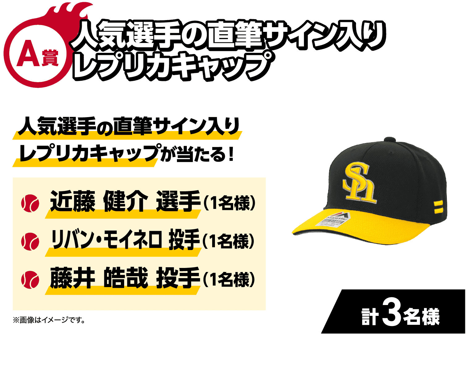 A賞｜人気選手の直筆サイン入りレプリカキャップ｜人気選手の直筆サイン入りレプリカキャップが当たる！｜・近藤 健介 選手（1名様）・リバン・モイネロ 投手（1名様）・藤井 皓哉 投手（1名様）｜計3名様｜※画像はイメージです。