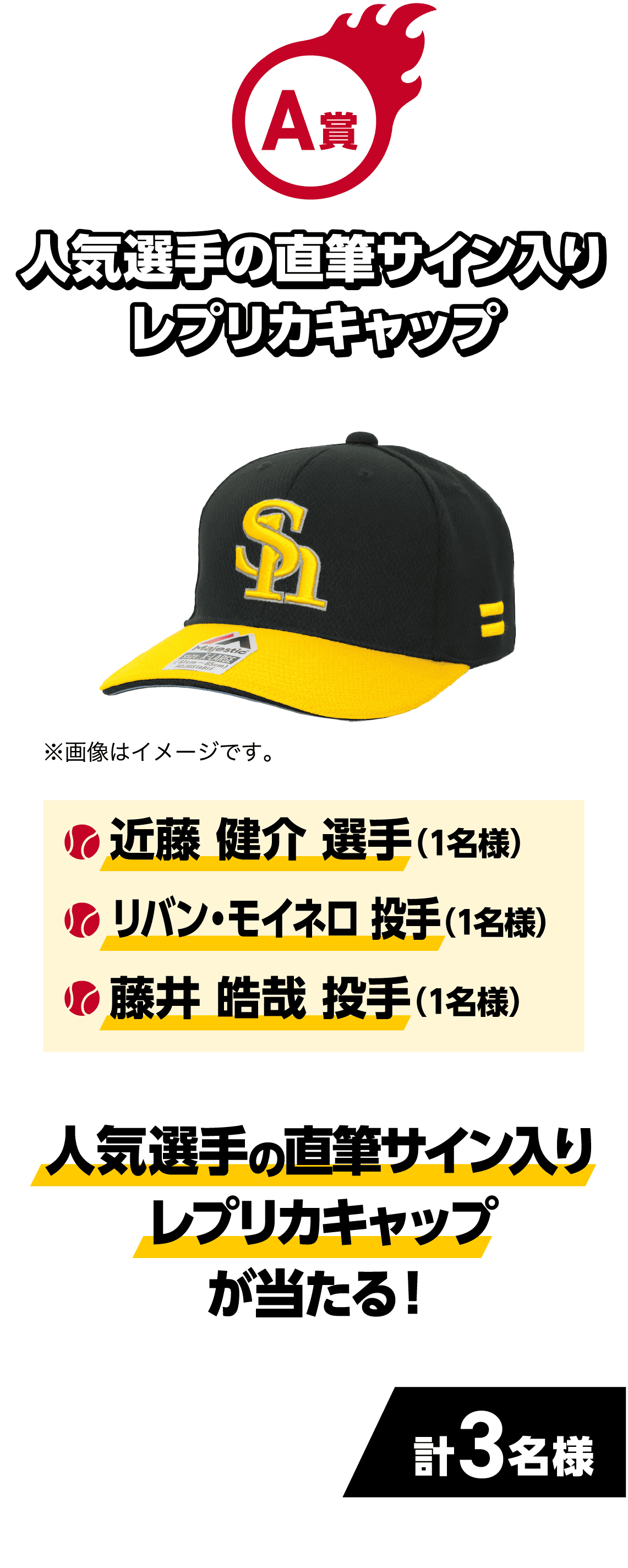 A賞｜人気選手の直筆サイン入りレプリカキャップ｜人気選手の直筆サイン入りレプリカキャップが当たる！｜・近藤 健介 選手（1名様）・リバン・モイネロ 投手（1名様）・藤井 皓哉 投手（1名様）｜計3名様｜※画像はイメージです。