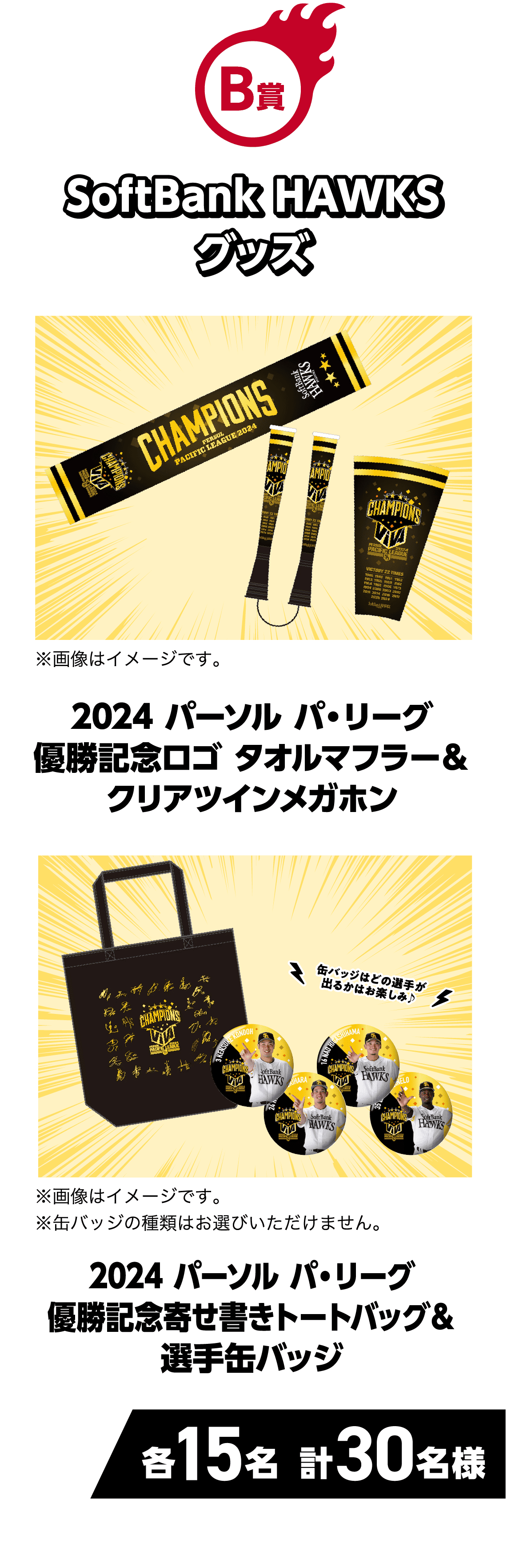 B賞｜SoftBank HAWKSグッズ｜2024 パーソル パ・リーグ 優勝記念ロゴ タオルマフラー＆クリアツインメガホン｜※画像はイメージです。｜2024 パーソル パ・リーグ 優勝記念 寄せ書きトートバッグ＆選手缶バッジ｜缶バッジはどの選手が出るかはお楽しみ♪｜※画像はイメージです。※缶バッジの種類はお選びいただけません。｜各15名 計30名様