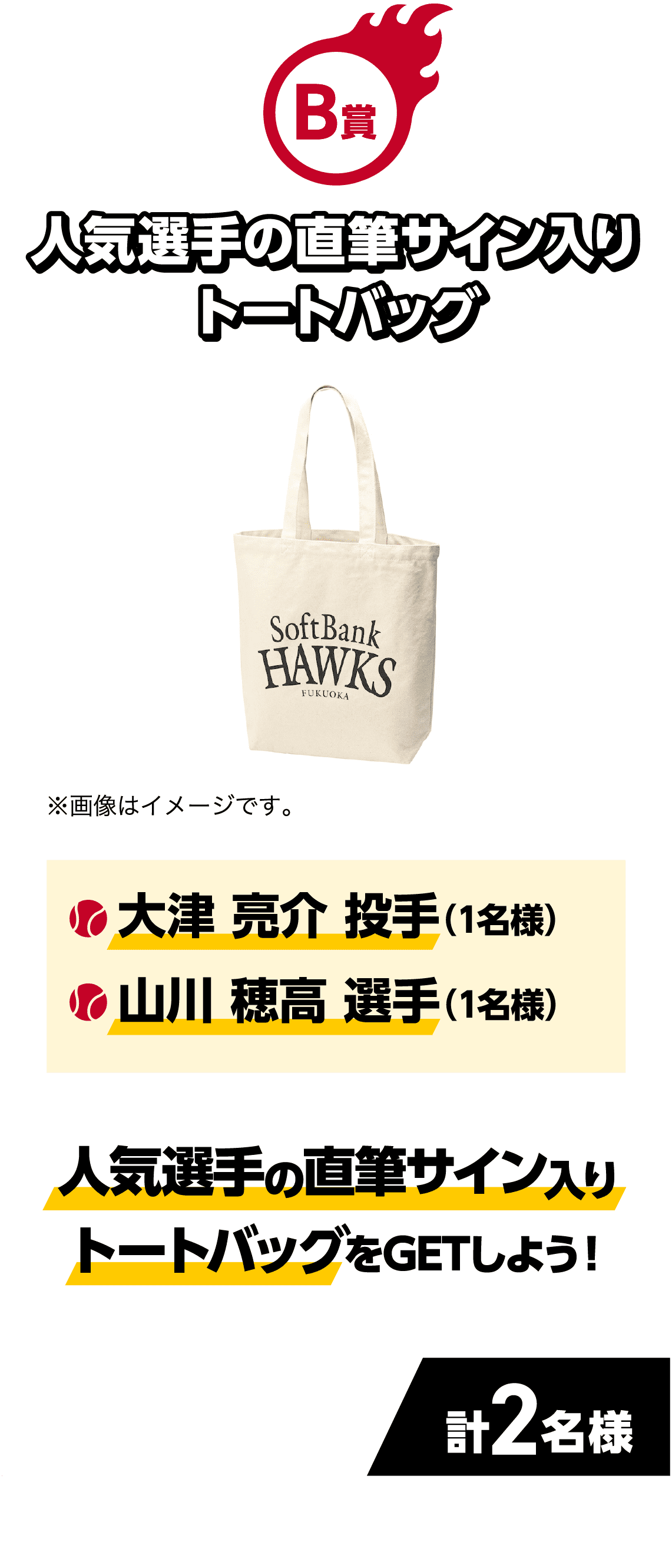 B賞｜人気選手の直筆サイン入りトートバッグ｜人気選手の直筆サイン入りトートバッグをGETしよう！｜・大津 亮介 投手（1名様）｜・山川 穂高 選手（1名様）｜計2名様｜※画像はイメージです。