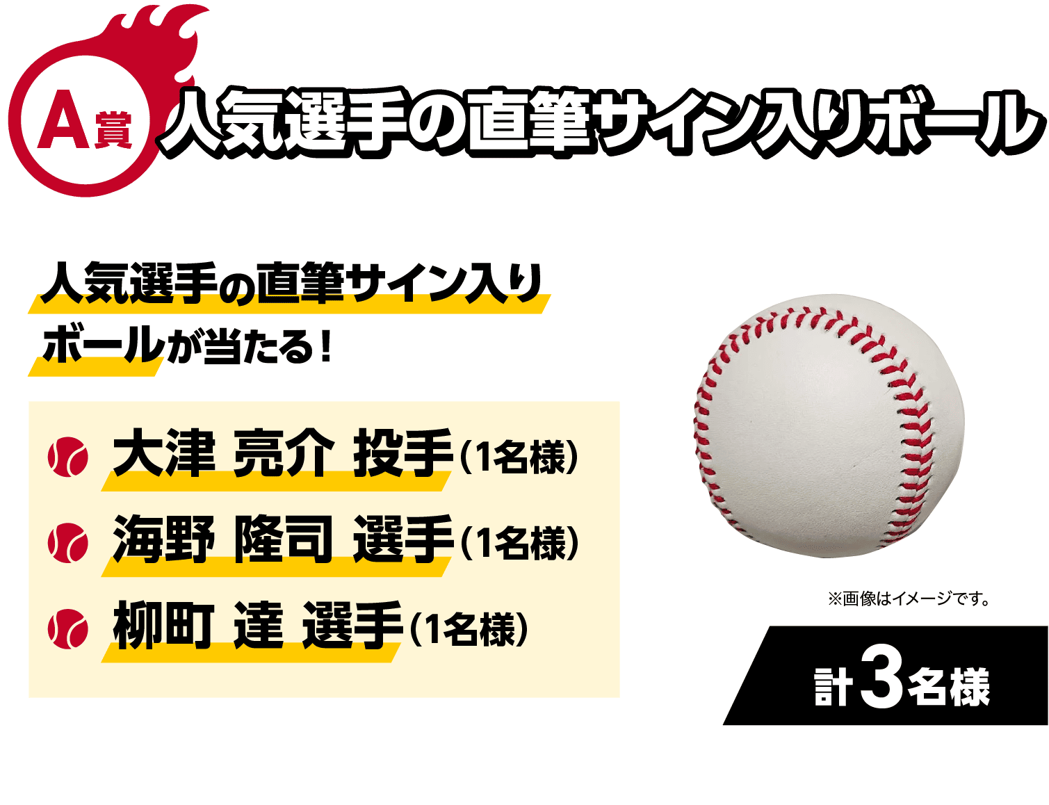A賞｜人気選手の直筆サイン入りボールが当たる！｜・大津 亮介 投手（1名様）・海野 隆司 選手（1名様）・柳町 達 選手（1名様）｜計3名様|※画像はイメージです。