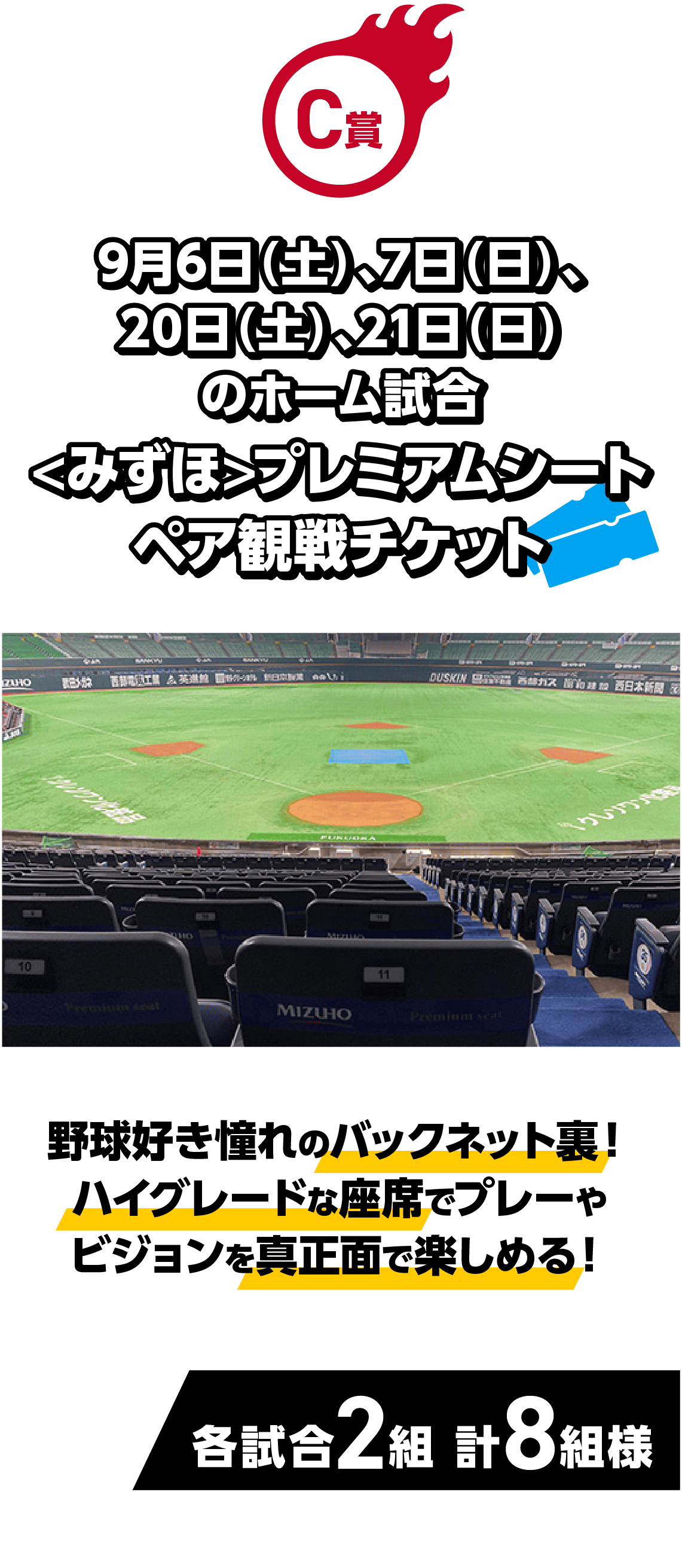 C賞｜9月6日（土）、7日（日）、20日（土）、21日（日）のホーム試合<みずほ>プレミアムシートペア観戦チケット｜野球好き憧れのバックネット裏！ハイグレードな座席でプレーやビジョンを真正面で楽しめる！｜各試合2組 計8組様