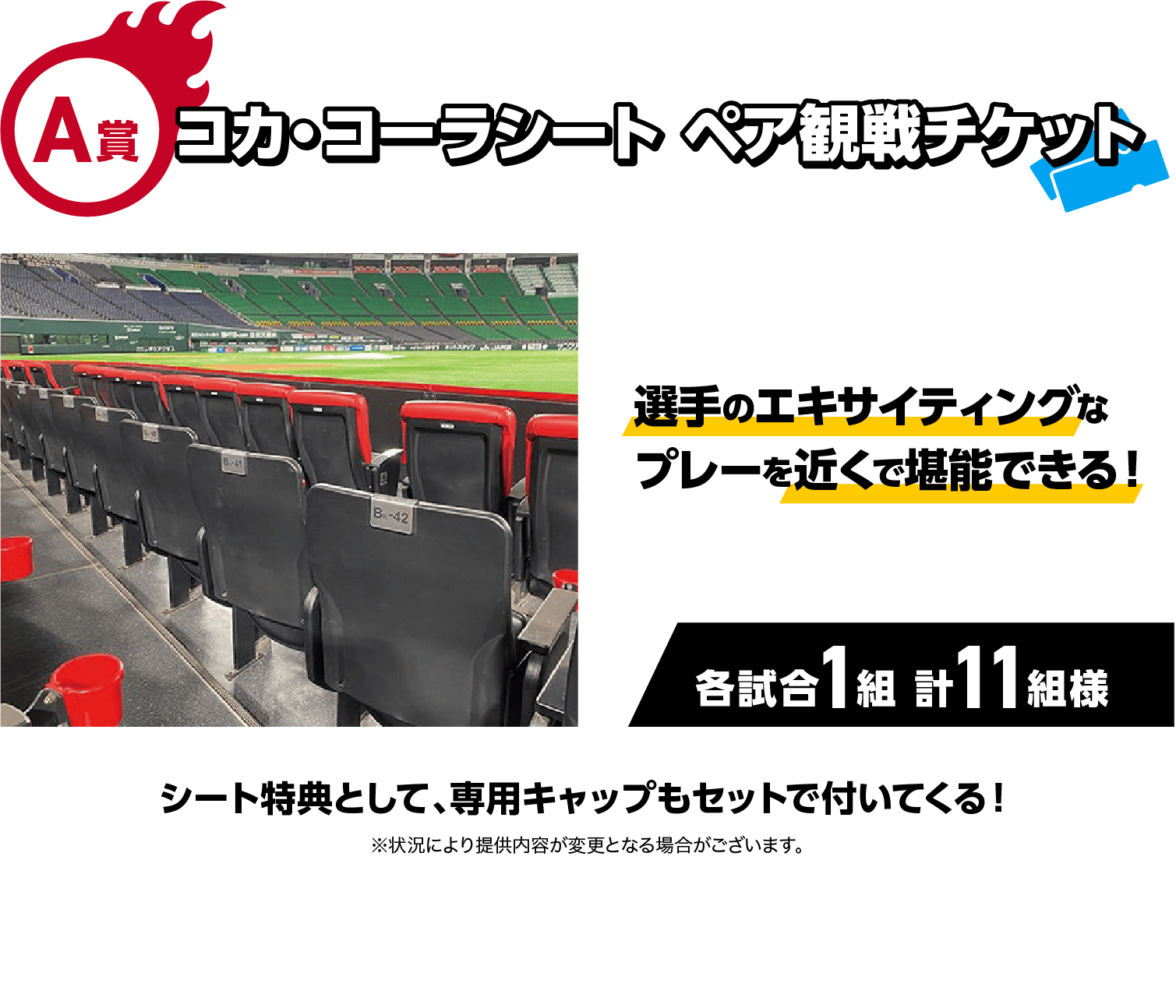 A賞｜コカ・コーラシート ペア観戦チケット｜選手のエキサイティングなプレーを近くで堪能できる！｜各試合1組 計11組様｜シート特典として、専用キャップもセットで付いてくる！｜※状況により提供内容が変更となる場合がございます。