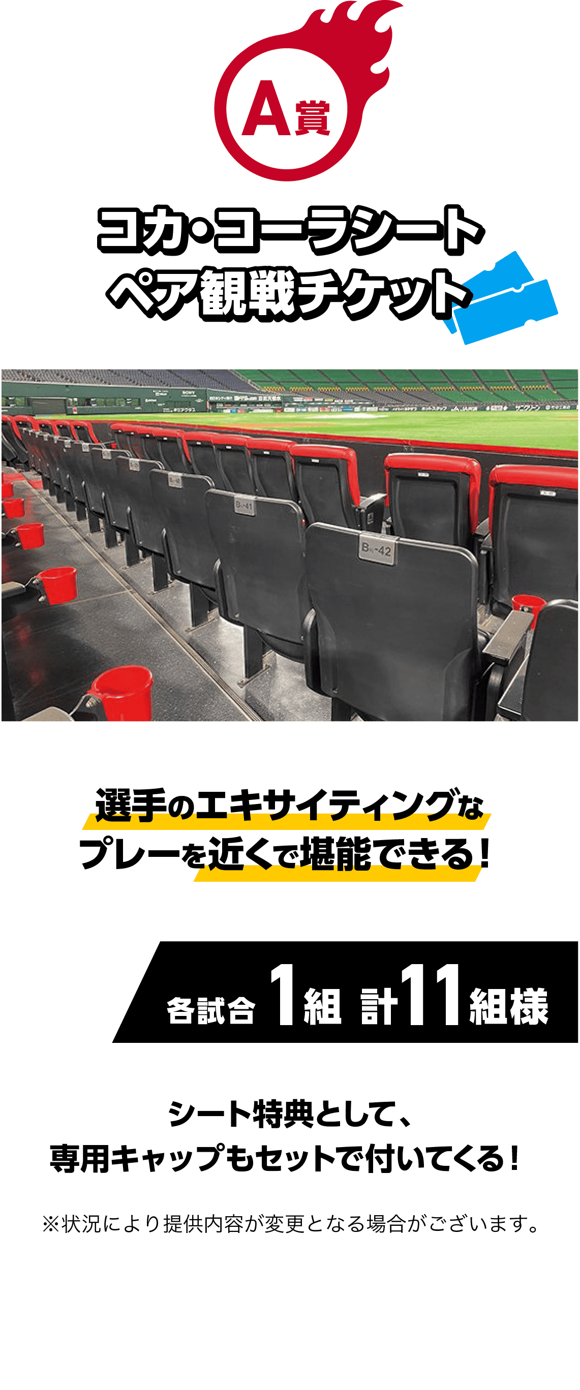 A賞｜コカ・コーラシート ペア観戦チケット｜選手のエキサイティングなプレーを近くで堪能できる！｜各試合1組 計11組様｜シート特典として、専用キャップもセットで付いてくる！｜※状況により提供内容が変更となる場合がございます。