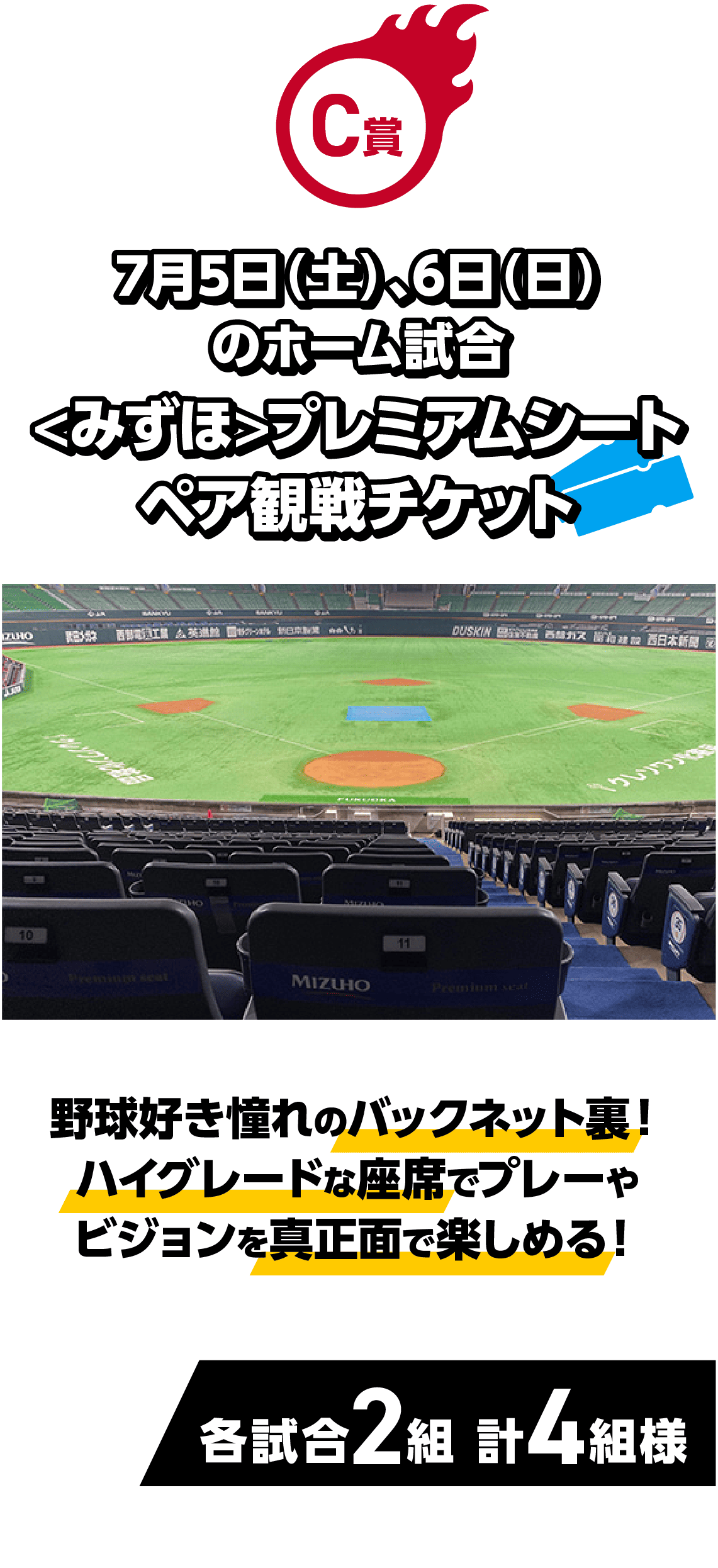 C賞｜7月5日（土）、6日（日）のホーム試合<みずほ>プレミアムシート｜野球好き憧れのバックネット裏！ハイグレードな座席でプレーやビジョンを真正面で楽しめる！｜各試合2組 計4組様