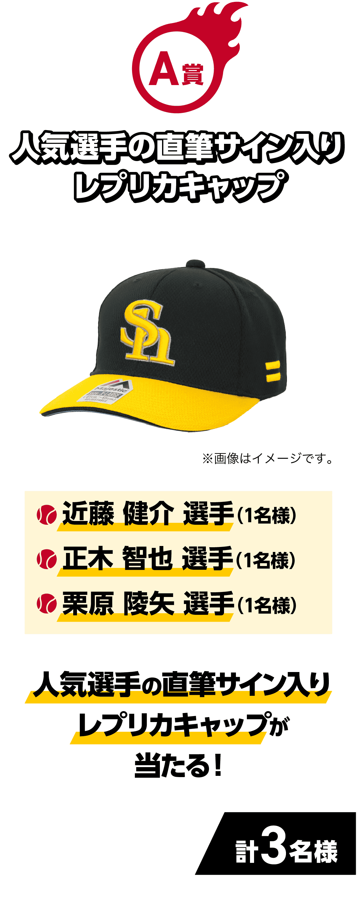 A賞｜人気選手の直筆サイン入りレプリカキャップ｜人気選手の直筆サイン入りレプリカキャップが当たる！｜・近藤 健介 選手（1名様）・正木 智也 選手（1名様）・栗原 陵矢 選手（1名様）｜計3名様｜※画像はイメージです。