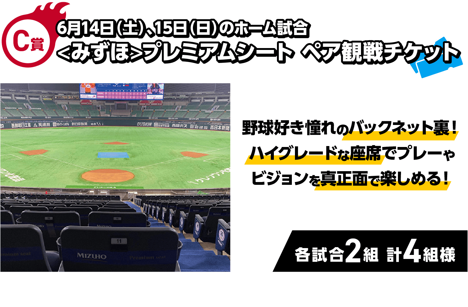 C賞｜6月14日（土）、15日（日）のホーム試合 <みずほ>プレミアムシート ペア観戦チケット｜野球好き憧れのバックネット裏！ハイグレードな座席でプレーやビジョンを真正面で楽しめる！｜各試合2組 計4組様