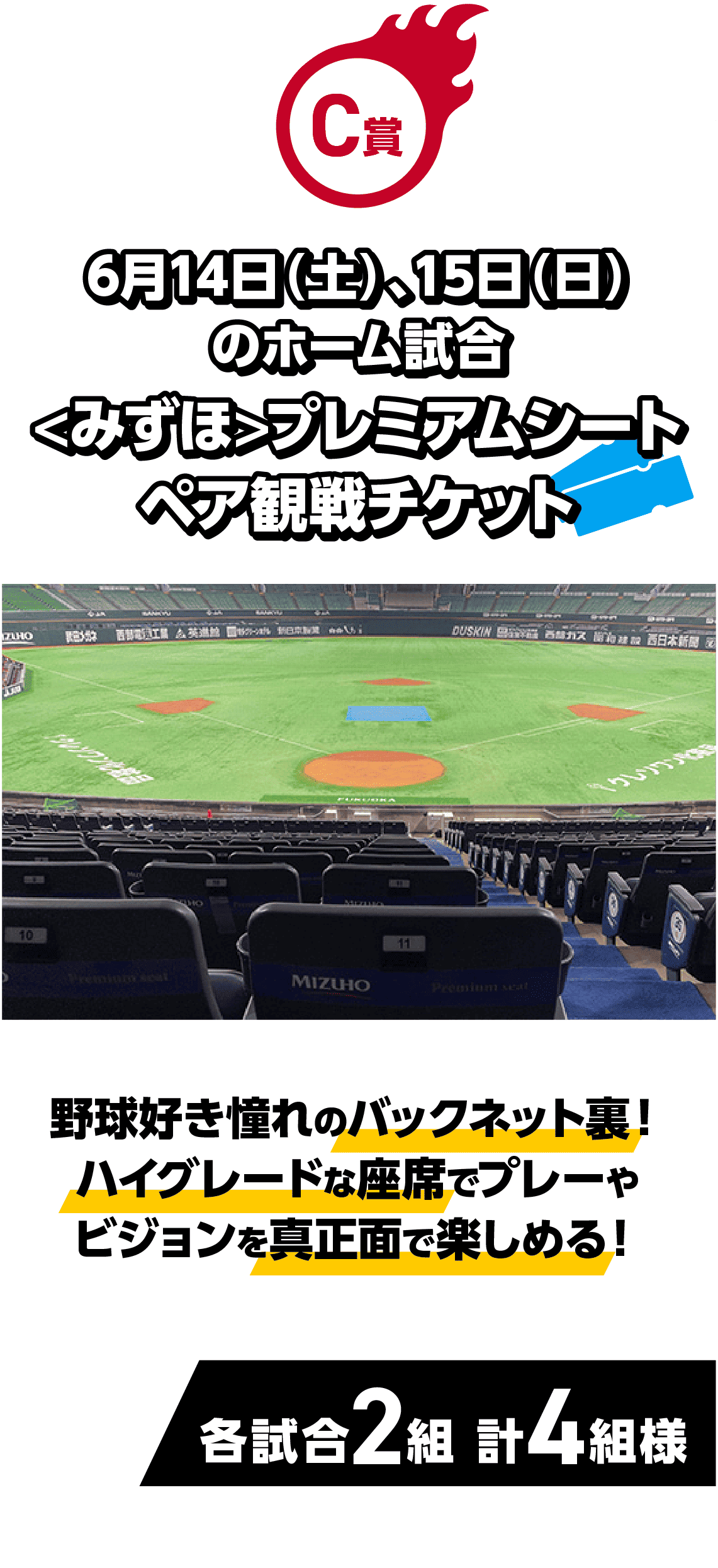 C賞｜6月14日（土）、15日（日）のホーム試合 <みずほ>プレミアムシート ペア観戦チケット｜野球好き憧れのバックネット裏！ハイグレードな座席でプレーやビジョンを真正面で楽しめる！｜各試合2組 計4組様