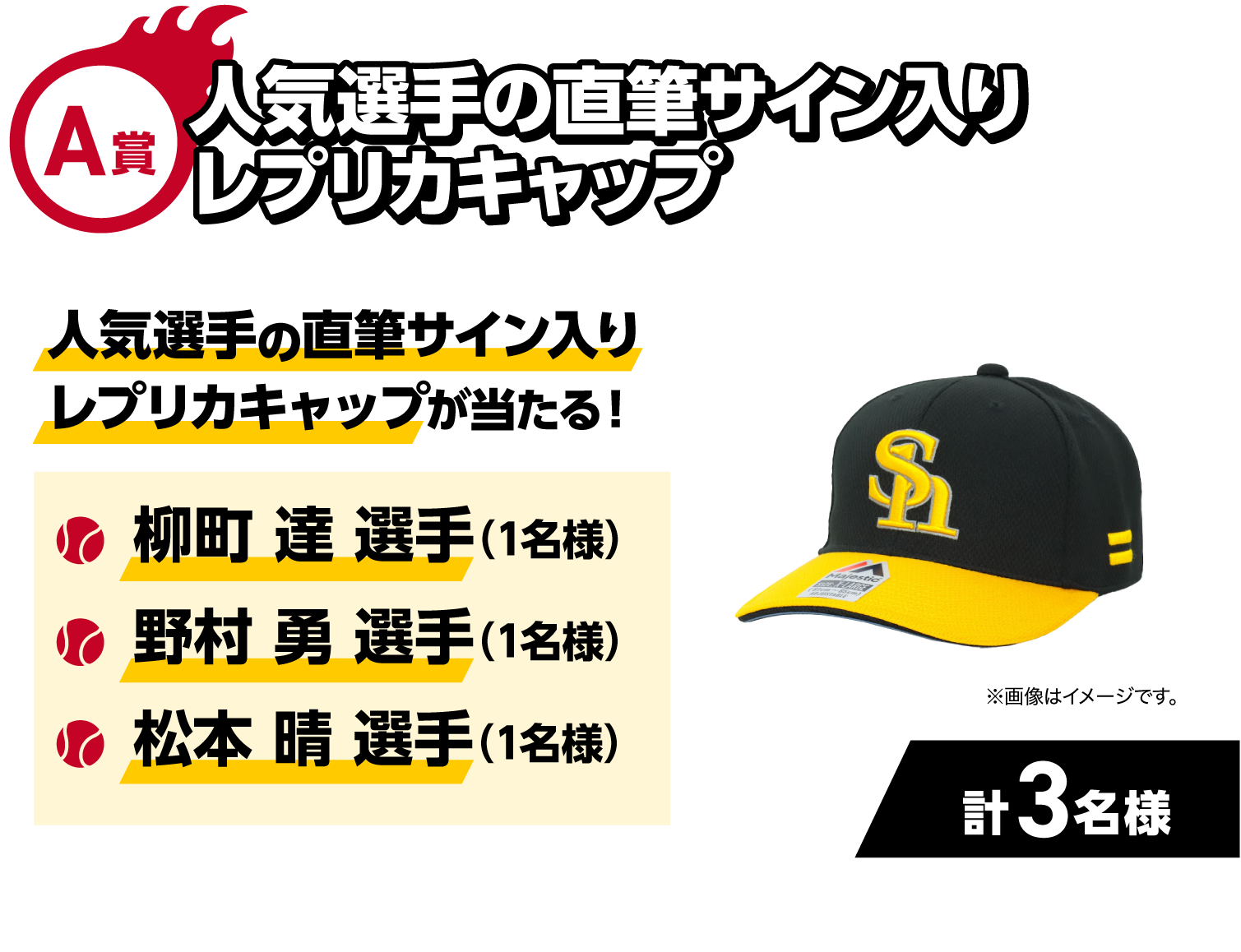 A賞｜人気選手の直筆サイン入りレプリカキャップ｜人気選手の直筆サイン入りレプリカキャップが当たる！｜・柳町達選手（1名様）・野村勇選手（1名様）・松本晴選手（1名様）｜計3名様｜※画像はイメージです。