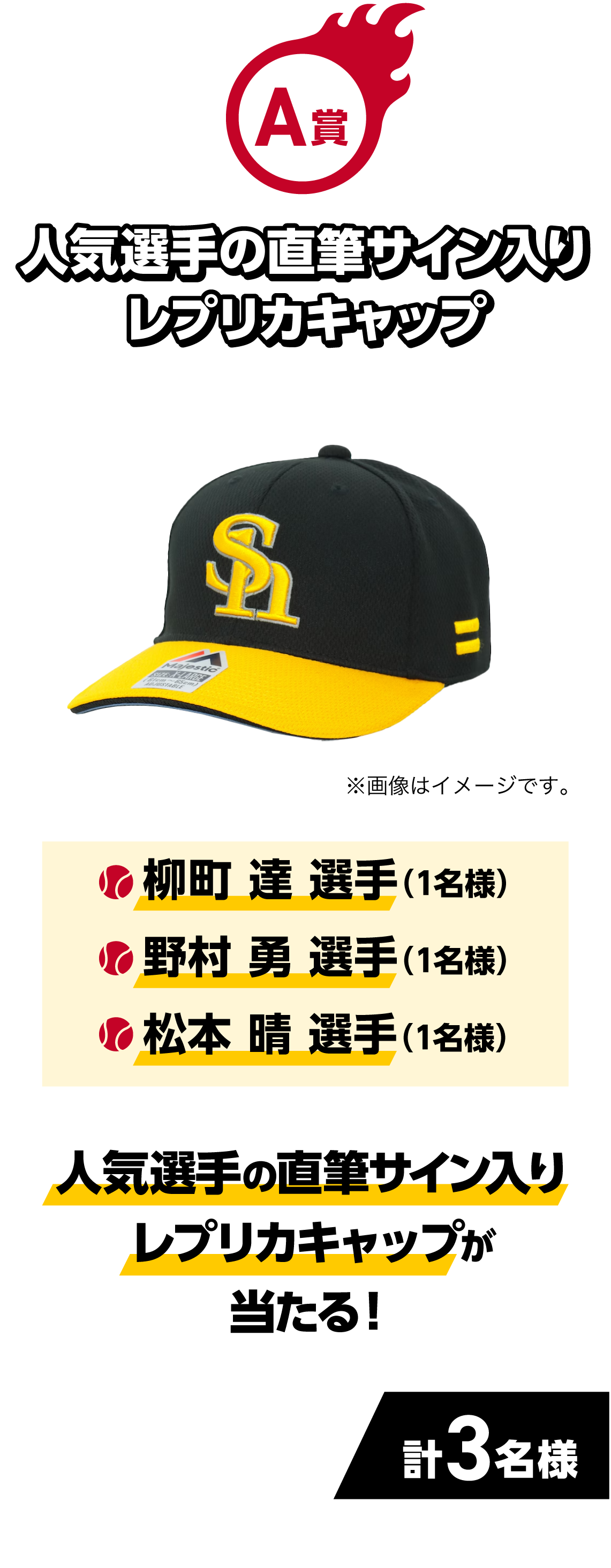 A賞｜人気選手の直筆サイン入りレプリカキャップ｜人気選手の直筆サイン入りレプリカキャップが当たる！｜・柳町達選手（1名様）・野村勇選手（1名様）・松本晴選手（1名様）｜計3名様｜※画像はイメージです。