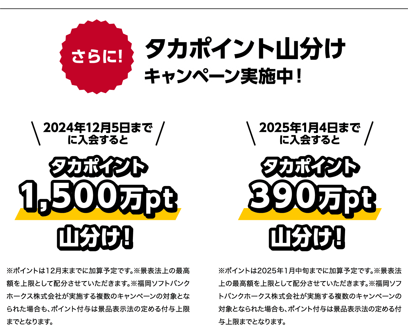 さらに!｜タカポイント山分けキャンペーン実施中！｜2024年12月5日までに入会すると｜タカポイント1,500万pt山分け！｜※ポイントは12月末までに加算予定です。※景表法上の最高額を上限として配分させていただきます。※福岡ソフトバンクホークス株式会社が実施する複数のキャンペーンの対象となられた場合も、ポイント付与は景品表示法の定める付与上限までとなります。｜2025年1月4日までに入会すると｜タカポイント390万pt山分け！｜※ポイントは2025年1月中旬までに加算予定です。※景表法上の最高額を上限として配分させていただきます。※福岡ソフトバンクホークス株式会社が実施する複数のキャンペーンの対象となられた場合も、ポイント付与は景品表示法の定める付与上限までとなります。