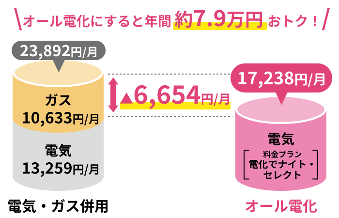 電気・ガス併用と、オール電化の料金グラフ