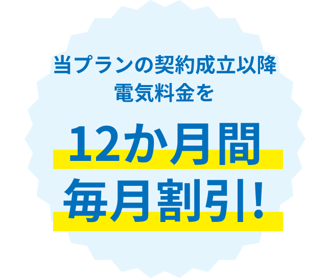 当プランの契約成立以降、電気料金を12ヶ月間毎月割引